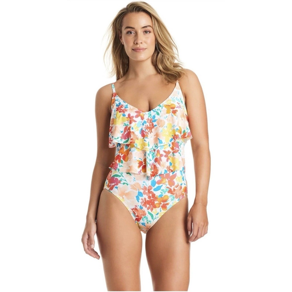 NWT‎ Ellen Tracy One Piece Floral Swimsuit Ruffle V Neck Flattering Beach Size 8